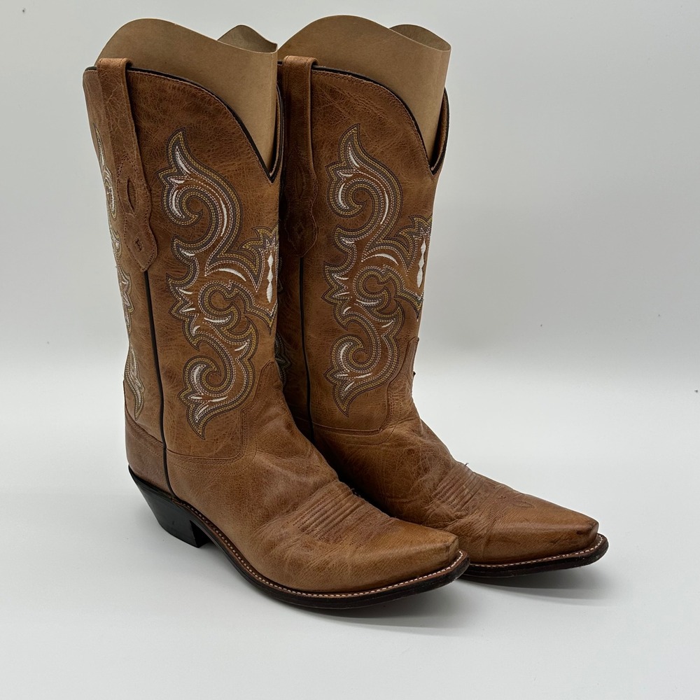 Old West Womens 9 Cowgirl Boots Tan Leather Embroidered Snip Toe Westerncore